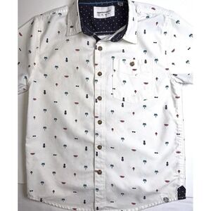 Paper Denim & Cloth Boys Button Up Shirt Size 8 White Print Short Sleeve‎ Casual